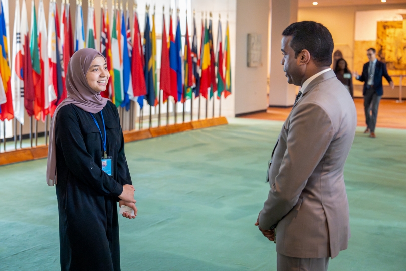 Mursal Ehsan '26 talking with a diplomat at the United Nations